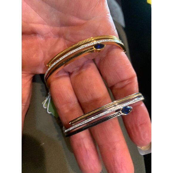 Stainless Steel MZ Collection Gold & Silver Tone Bangles With Blue Stone Accents - Picture 5 of 6